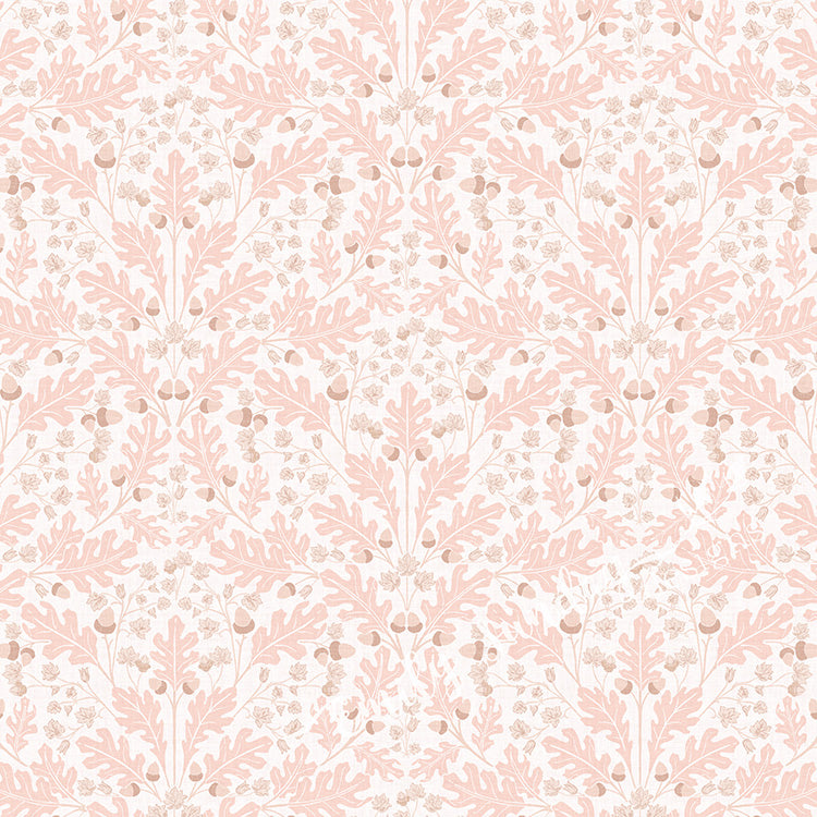 Small Scale Heritage Oak & Acorn Ogee Blush peel and stick wallpaper pattern swatch